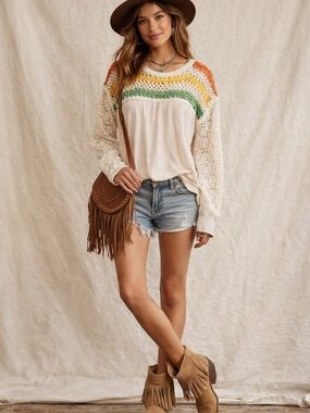 Free People Boho Crochet Embroidered Top Lace Sleeve Festival Blouse
